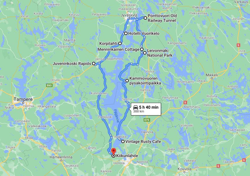 reitti piilotettuja helmiä Keski-Suomessa kartta