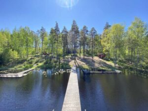 Näkymä Venäjänlammin hyppytornista uimarannan suuntaan