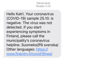 Ilmoitus negatiivisesta koronatestistä