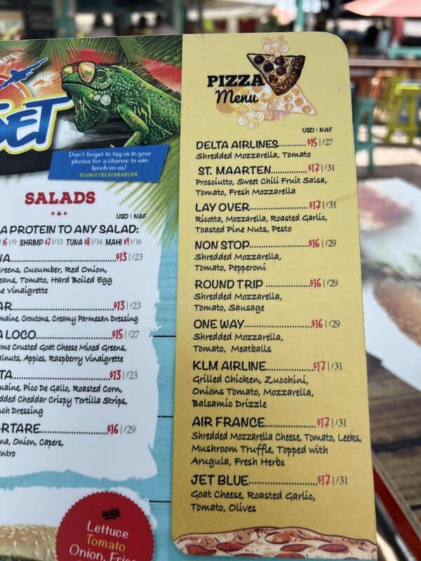 Maho Beach menu