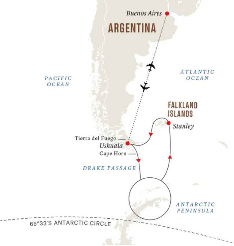 Hurtigrutenin Antarktiksen tutkimusristeilyn suunniteltu reitti